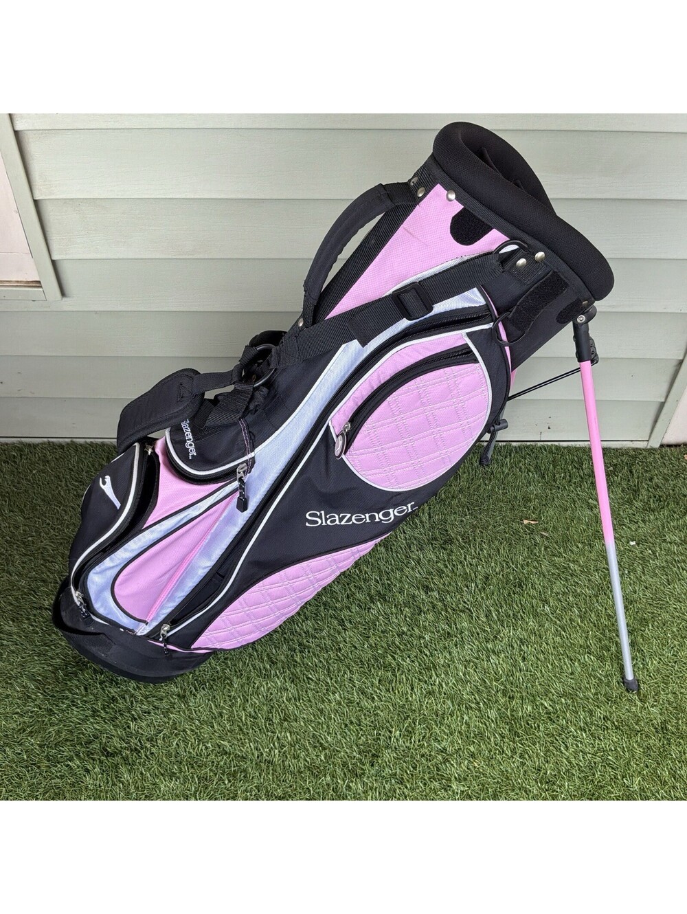 Slazenger Women’s Pink Black Stand Golf Bag Dual Strap 5-Way Quilted Pockets Use